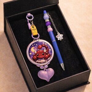 Scorpio Zodiac Keychain & Beaded Pen Gift Set – Kawaii Night Sky Theme